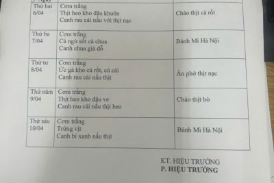 Thực đơn tuần 2( từ 6-10/ 4/2026)